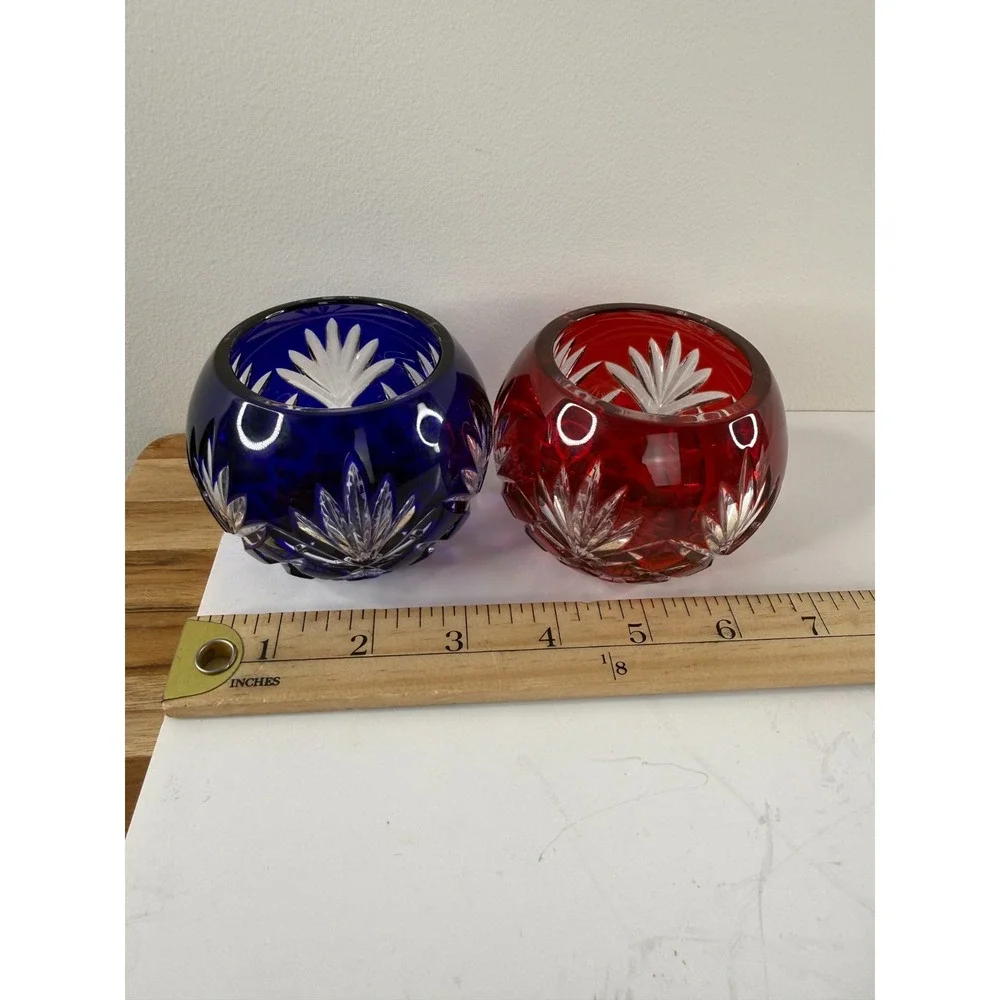 Faberge Crystal Votive Candle Holders Ruby Red Cobalt Blue Cut Clear Signed Pair